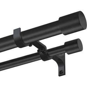 Double Curtain Rods 36-72", Matte Black Double Curtain Rods with Cap Finials, Adjustable 1 Inch Front and 5/8 Inch Back Double Drapery Rod, Telescoping Double Rods Curtain Rods