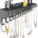 Necklace Jewelry Holder Wall Hanging Organizer Hangers Storage Mounted Shelf with 56 Hooks Tray Display Girls Women Metal Door Earring Mount Key Chains Rack (Black)