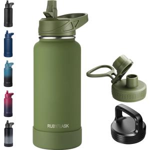 RUBYFLASK 32oz Insulated Water Bottle with Straw, Stainless Steel Metal Vacuum Water Flask, Large Thermal Water bottle with Leakproof 3 Lids for Travel, Camping, Gym Sports Armygreen