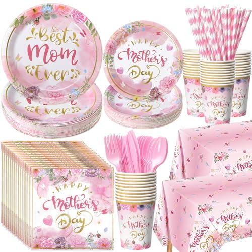 LemonRoad 452 Pcs Mother's Day Decoration for 50 Guests, Pink Gold Floral Happy Mother's Day Paper Plates Napkins Cups Tablecloth Cutlery Straws Disposable Tableware for Best Mom Ever Party Supplies