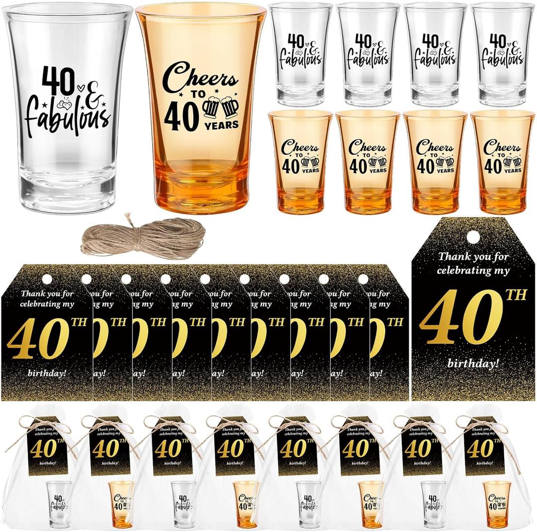 50 Sets 40th Birthday Party Favors for Guests Souvenir Short Glasses Cheers to 40 Years Acrylic Clear Shot Glasses Thank You Tags with Organza Bags Twine for Anniversary Wedding Shower