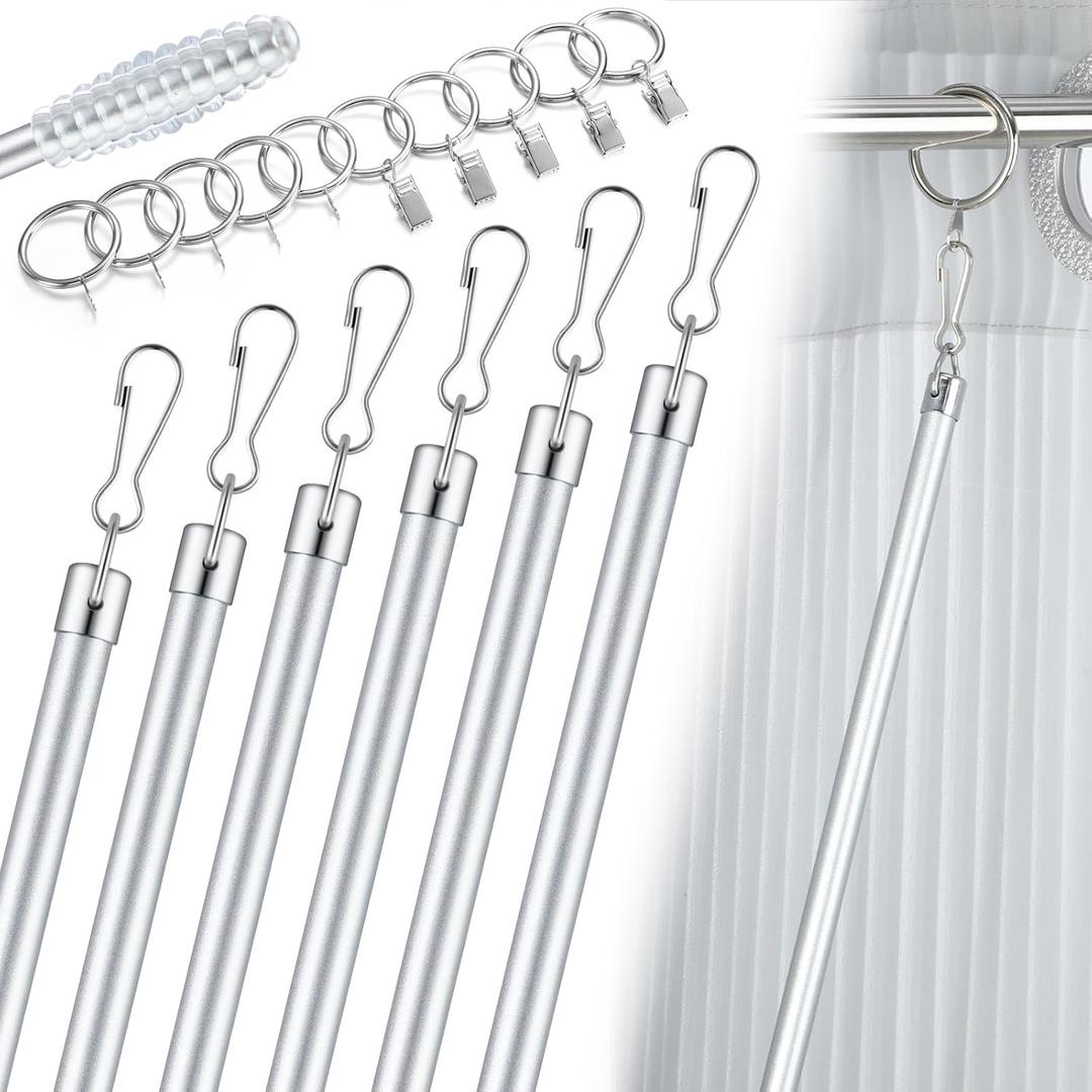 Shimeyao 6 Pack Curtain Pull Wand Stainless Steel Iron Drapery Pull Rod Versatile Metal Drapery Wand with 5 Rings and 5 Hooks for Opening Closing Curtains Homes Offices Window(Silver, 46 Inch)