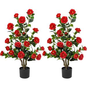 Artificial Camellia Tree 3.3 FT 2 Pack, Christmas Decor Fake Camellia Plant with Blooming Flowers&Natural Wood Trunk, Greenery Faux Potted Plant for Home Office Winter Indoor (Red, 3.3FT)