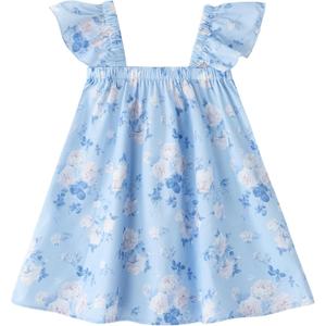 Baby Girls Cotton Sleeveless Swiss Dot Dress Ruffle Sleeve Party Sundress (Blue)