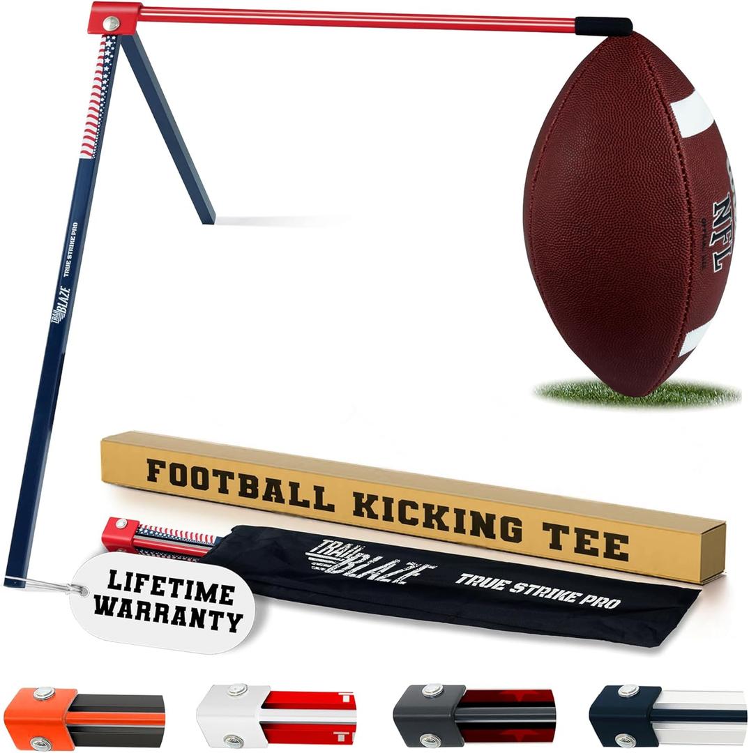 True Strike Pro Football Kicking Tee - Ultimate Football Tee Compatible with All Ball Sizes, Bonus Goal Kicking Tracker, Field Goal Football Holder (Blue & Red US Flag)