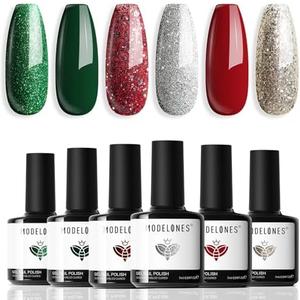 modelones Gel Nail Polish Set, 6 ColorsSparkle Dark Green Red Silver Champagne Rose Gold Glitter Gel Polish Kit New Year Soak Off Nail Art Manicure Salon DIY Home Gift