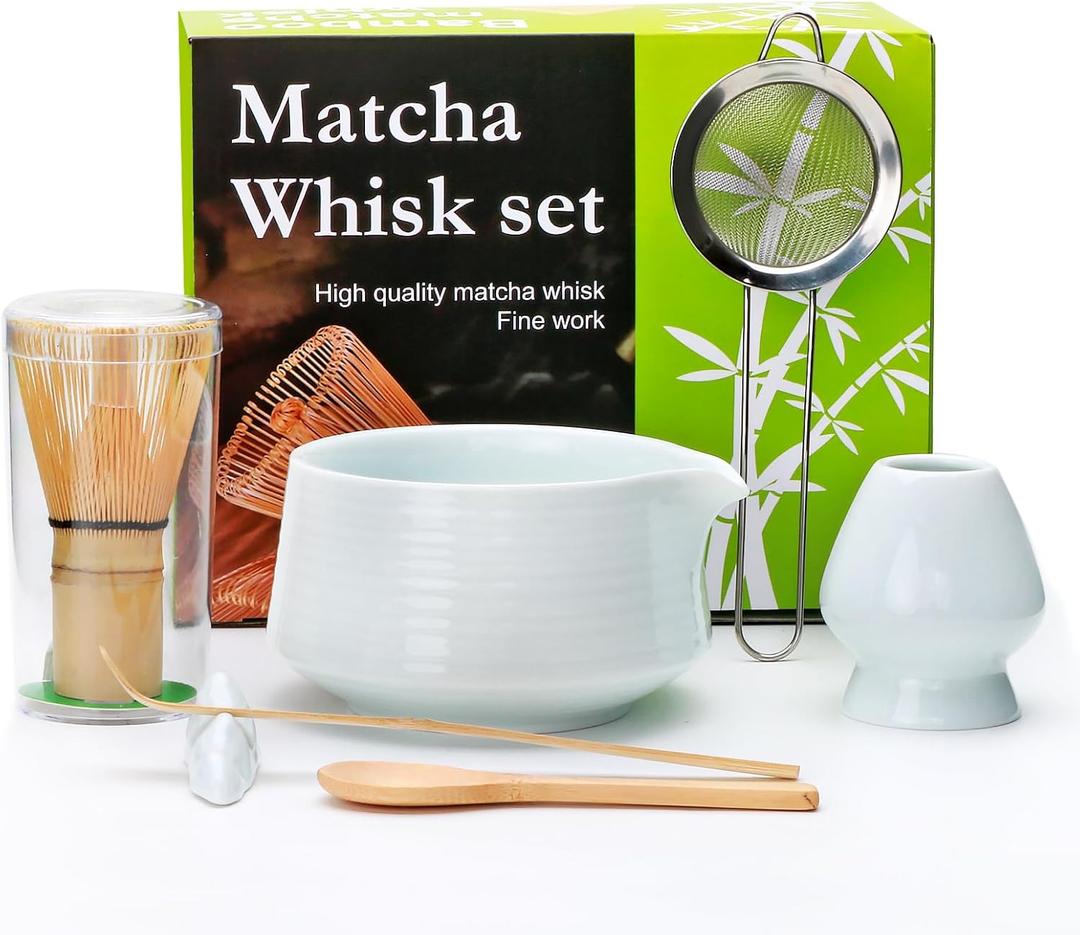 Accguan Matcha Whisk Set, 7pcs - Bamboo & Ceramic, Includes 19 oz Bowl, Whisk, Spoons, Holder, Sifter & More - Perfect for Matcha Lovers (White)