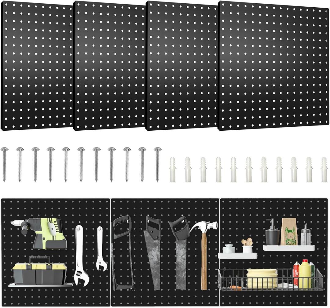 Pegboard, 4 PCS 1616 Large Heavy Duty Metal Pegboard Panels with Frame Black Peg Board Display Peg Boards for Walls, Display, Garage Tool Storage, Office Organization, Craft Room, Kitchen