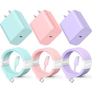 Compatible with iPhone16/15 Charger Fast Charging, 3 Pack 20W USB C Colorful Charger Block with 10 FT USB-C to C Cable Compatible with iPhone 16 15 Pro/Plus/Pro Max,Pad Pro 12.9/11 inch,Pad Air 5th