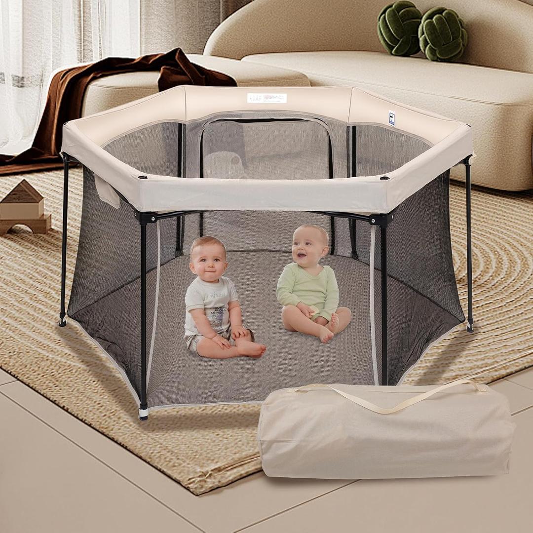 Baby Playpen 53x53 Inch, Indoor/Outdoor Portable Play Yard No Extra pad Required with Breathable Mesh Walls, Enclosed Safe Space for Babies, Quick Foldable Playpen for Home Travel Park (Khaki)