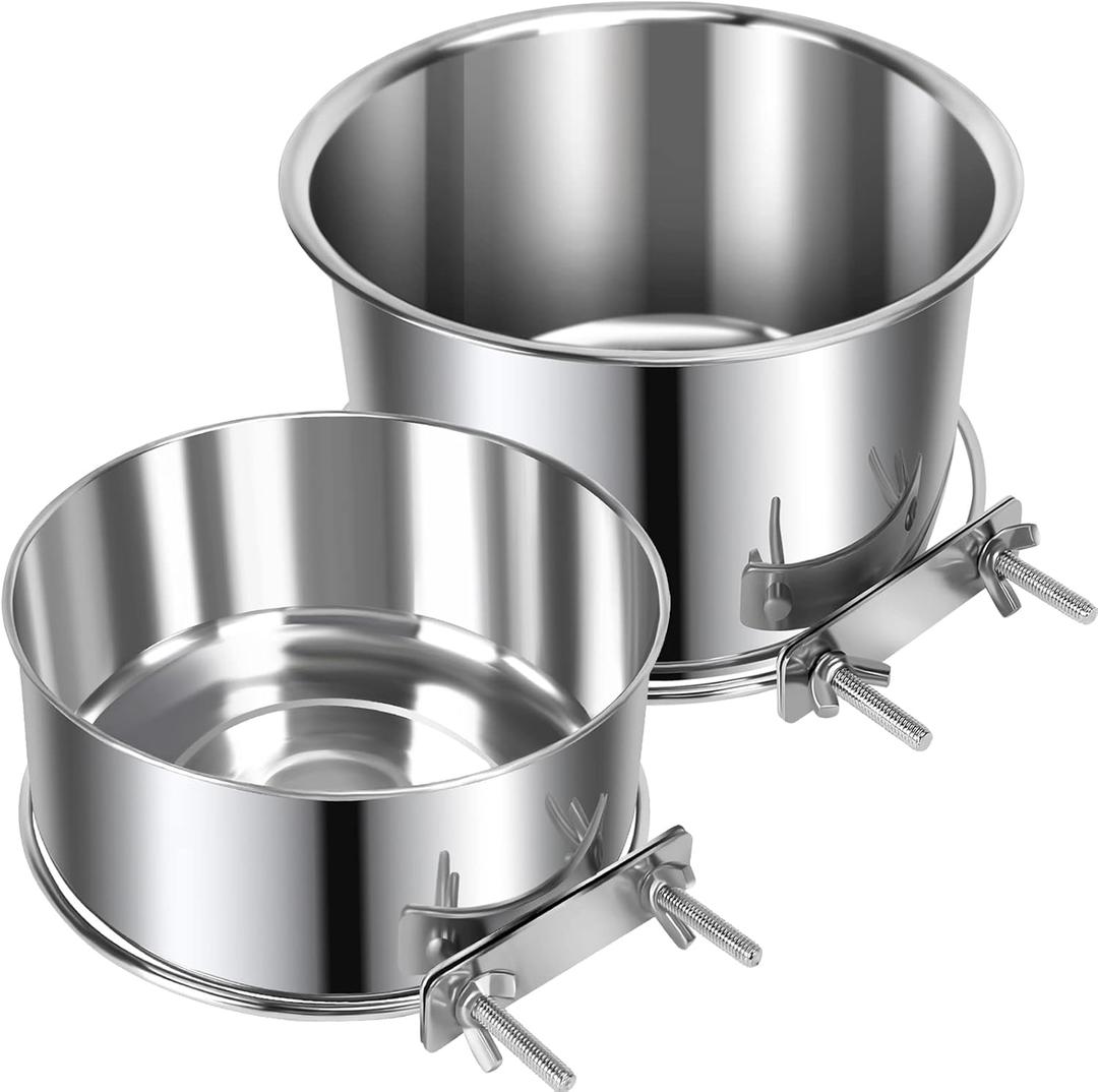 2 Pcs Large Pet Dog Food Water Bowl for Cage Stainless Steel Non-Spill Kennel Hanging Cats Bowls with Clamp Holder Crate Feeder Dish for Medium Large Dogs Huge Pets (7.1x3.5'' & 6.3x2.6'') (Silver)