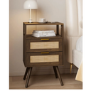 Rattan Nightstand,Farmhouse Bedside Table with 2 Storage Drawer and Open Wood Shelf, for Bedroom and Small Spaces,Night Stand with Solid Wood Legs (Walnut Brown)