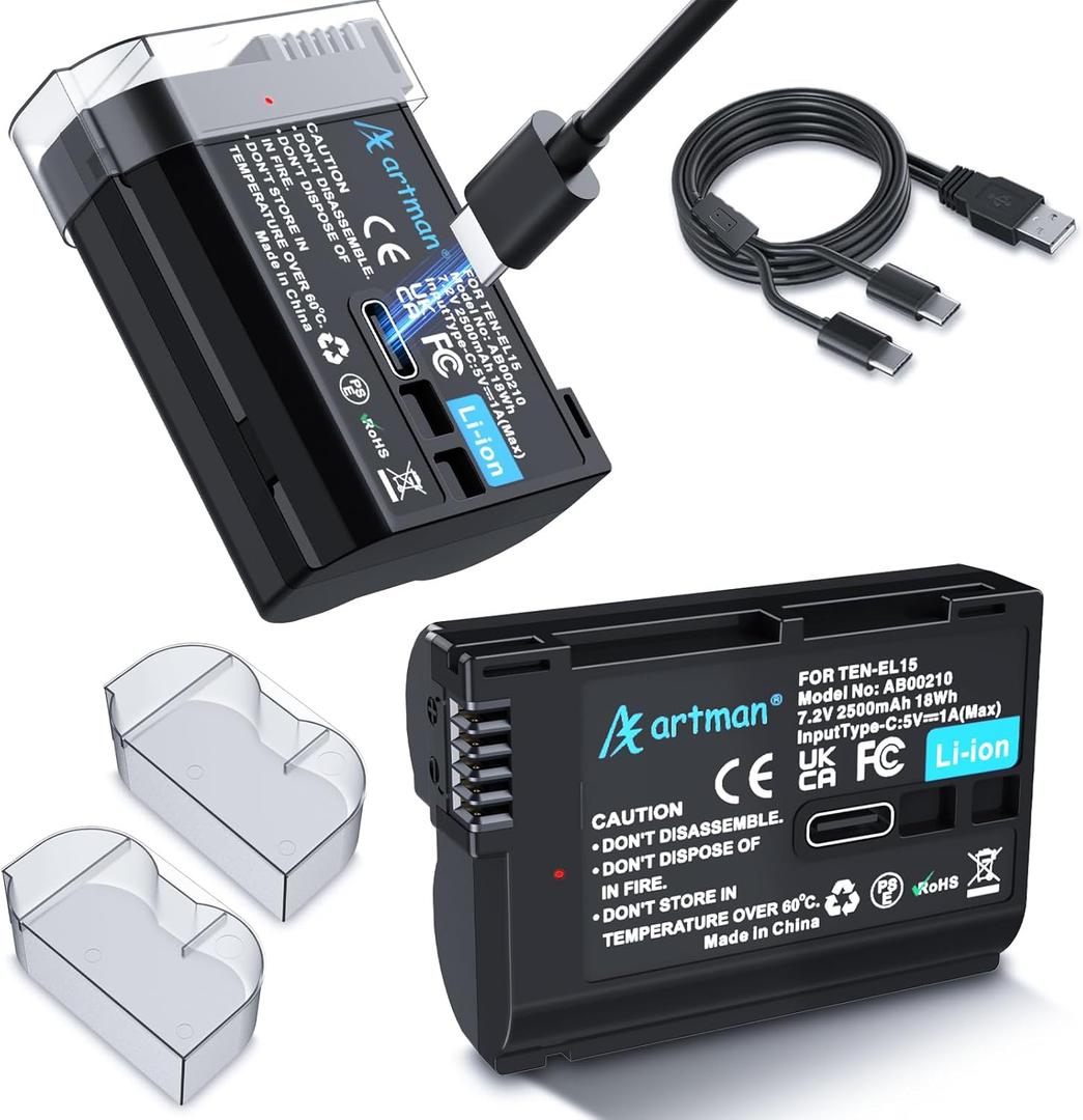 Artman EN-EL15C Battery 2-Pack 2500mAh with 2in1 USB-C Charging Cable, EN-EL15 Battery for Nikon Z8 Zf Z5 Z6 Z6 II Z7 Z7II D7000 D7200 D7500 D600 D610 D750 D780 D800 D850 D800E D810 D810A 1 V1 Cameras