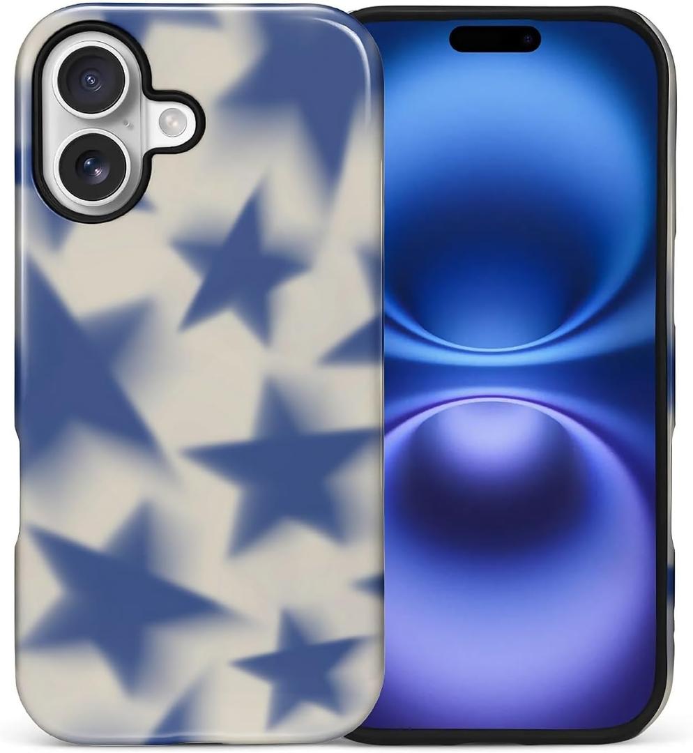 for iPhone 17 Case, Retro Blue Stars Hybrid 2 Layer Hard Shell Silicone Protective Pattern Design Case
