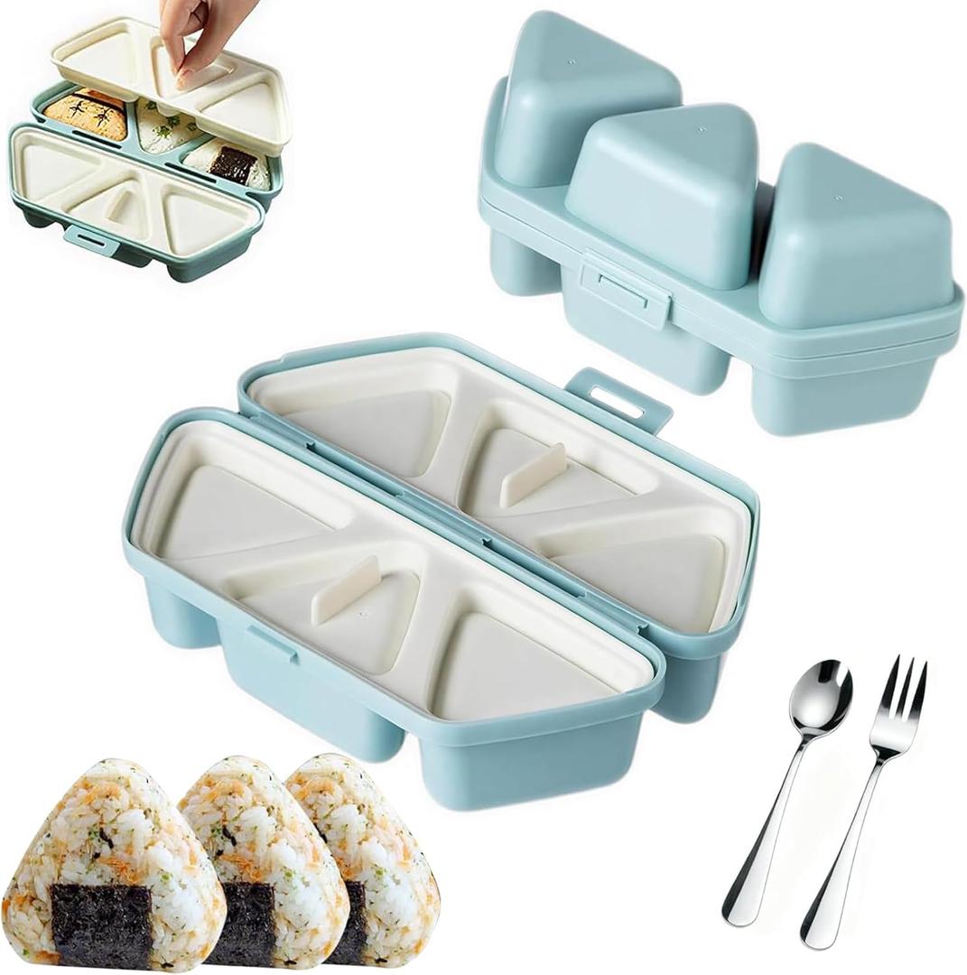6-in-1 Onigiri Mold, Triangle Sushi Mold Rice Ball Maker with Stainless Steel Spoon & Fork, Once Quickly Make 6 Rice Balls, Easy to Store Carry and Clean (Blue)