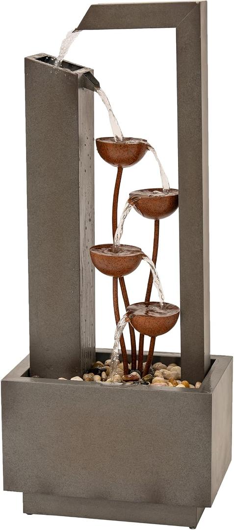 XBrand 38" Tall Metal Sculptural Flower Multi-Tier Freestanding Water Fountain for Indoor & Outdoor Use, Decorative Garden Patio Backyard Water Feature, Gray and Bronze
