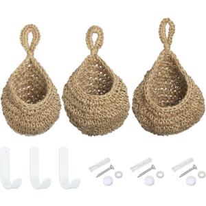 PATIKIL Hanging Fruit Baskets for Kitchen, 3 Sizes Teardrop Home Decor Storage Hand-Woven Wall Hanging Basket for Garlic Potato Vegetable, Brown