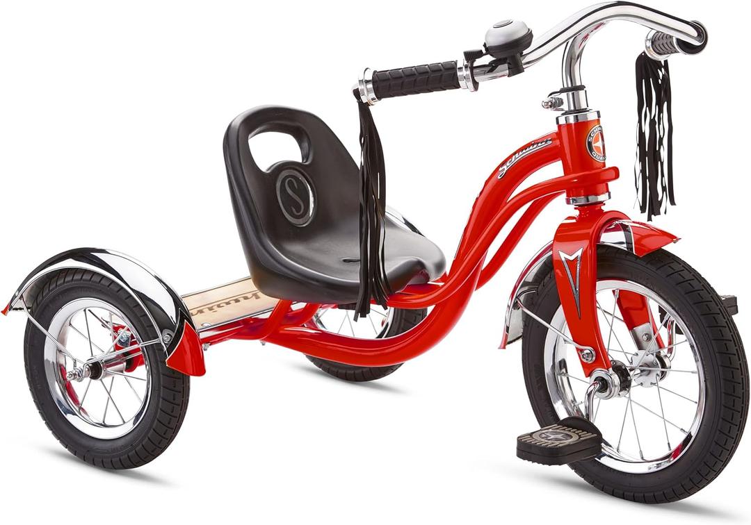 Schwinn Roadster Tricycle, 12 Inch Front Wheel Bike for Kids Ages 2-4, Low Center of Gravity, Retro Steel Frame, Adjustable Seat Grows with your Child, Rear Deck, Tricycle for Toddlers, one size