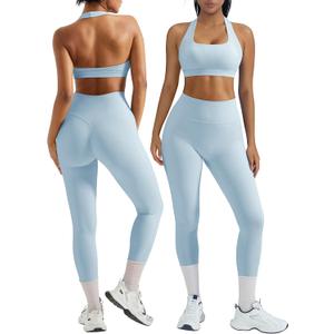 OMKAGI 2 Piece Workout Sets for Women Halter Sports Bras Gym Sets Booty Leggings Outfits (Small, Bright Blue)