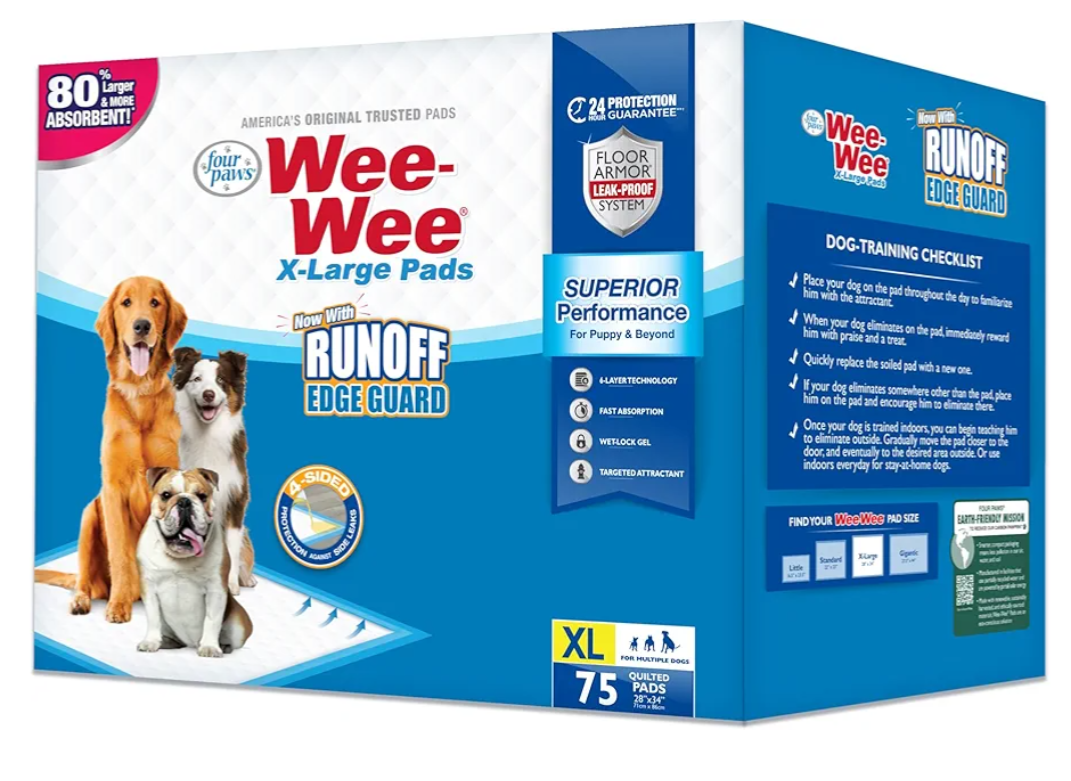 Four Paws Wee-Wee Superior Performance Pee Pads for Dogs with Runoff Barrier Edge Guard Protection, Puppy & Dog Potty Training Pads, Housebreaking Supplies, 28" x 34" (75 Count)