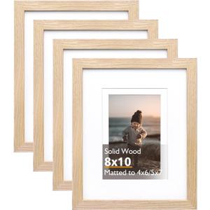 KINLINK 8x10 Picture Frame Natural, Solid Wood Frames with Acrylic Plexiglass for Pictures 4x6/5x7 with Mat or 8x10 without Mat, Tabletop and Wall Display Photo Frame, Set of 4