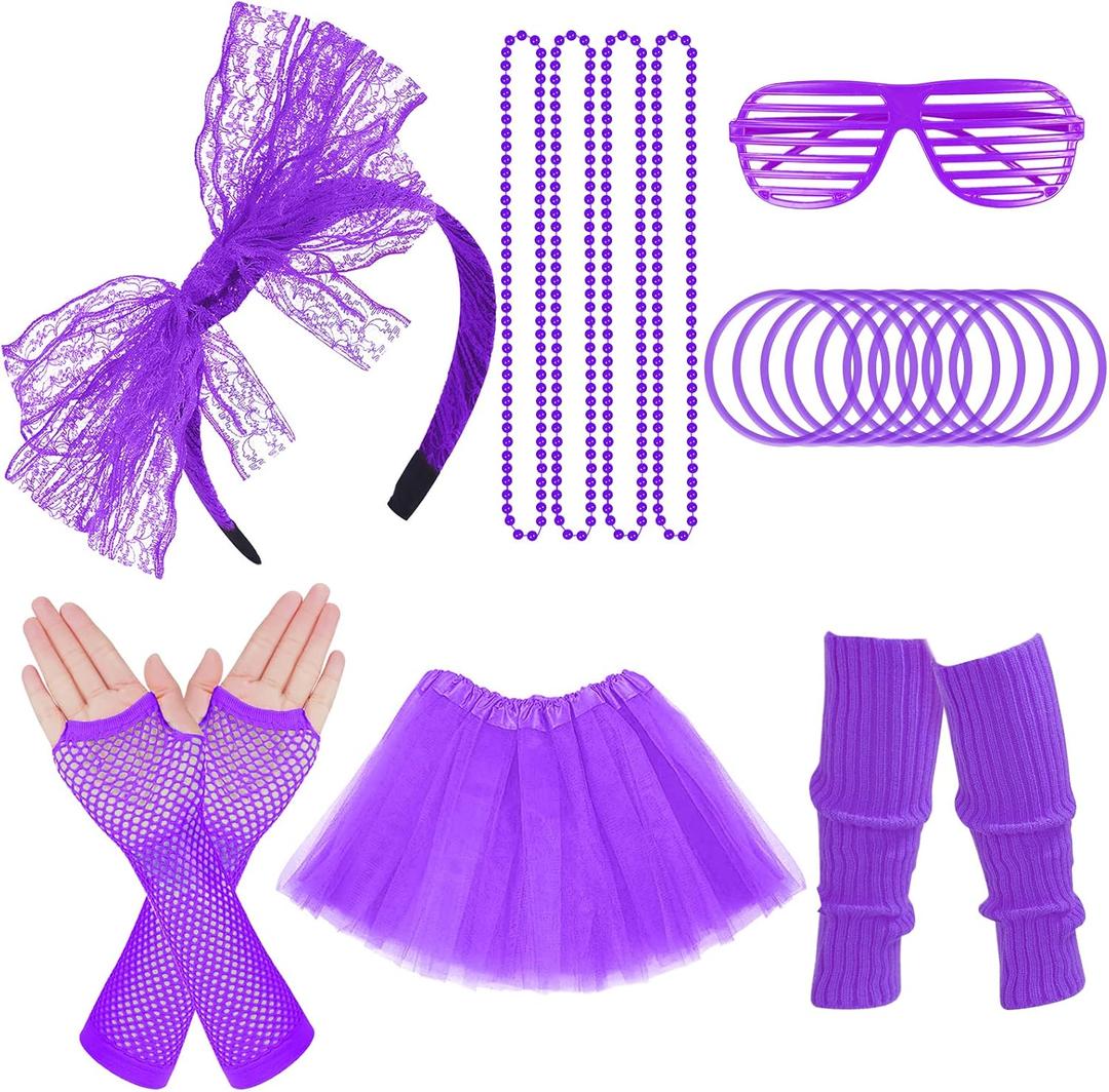 ONUPGO 80s Costume for Women, 80s Accessories Fancy Dress Neon Headband Earrings Fishnet Gloves Necklace for 80s Retro Party (Purple)