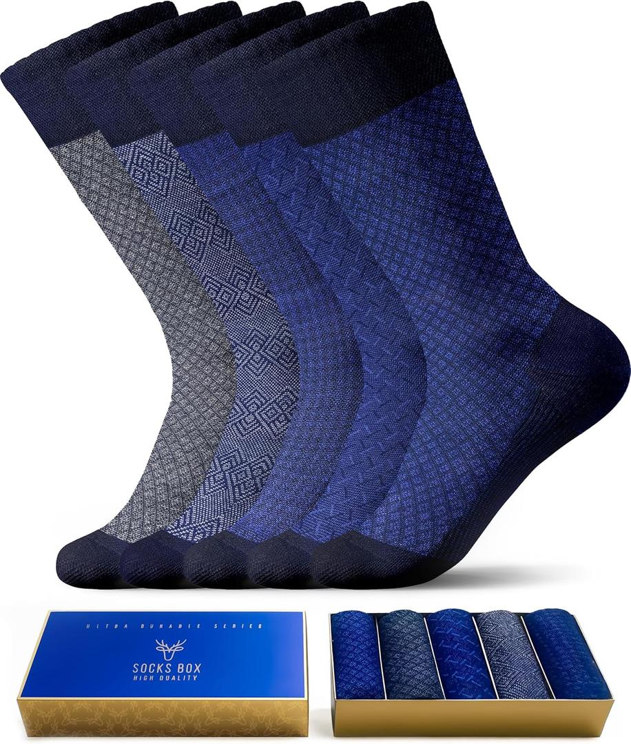 SOCKS BOX Mens Dress Socks, Premium Bamboo Rayon Socks for Men, Patterned, Elegant Design, 5 Pack, Gift Box