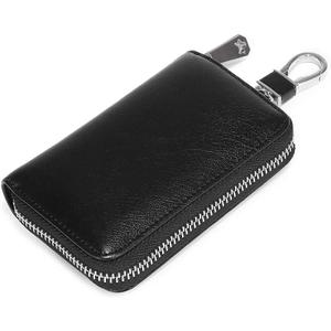 Genuine Leather Key Holder Bag with 2 Card Slot & 6 Hooks & 1 Access Card,Key Case Car Key Holder Wallet for Men Women (Black Plus)