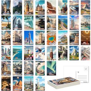 SHOXREM 40Pcs Travel Postcards From Around The World: Vintage World Travel Posters Wall Decoration - Landmark Illustrations,Retro Geography Destination Collage, 4" W x 6" H