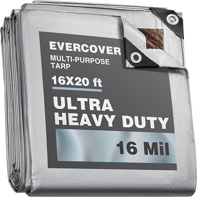 16x20 ft Tarps | All-Weather Tarp Waterproof UV-Resistant | 16 MIL=240 GSM Heavy-Duty Silver-Color Tarpaulin w/Reinforced Edges, Corners, Rustproof Grommets | Large Tarp | Lona Impermeable
