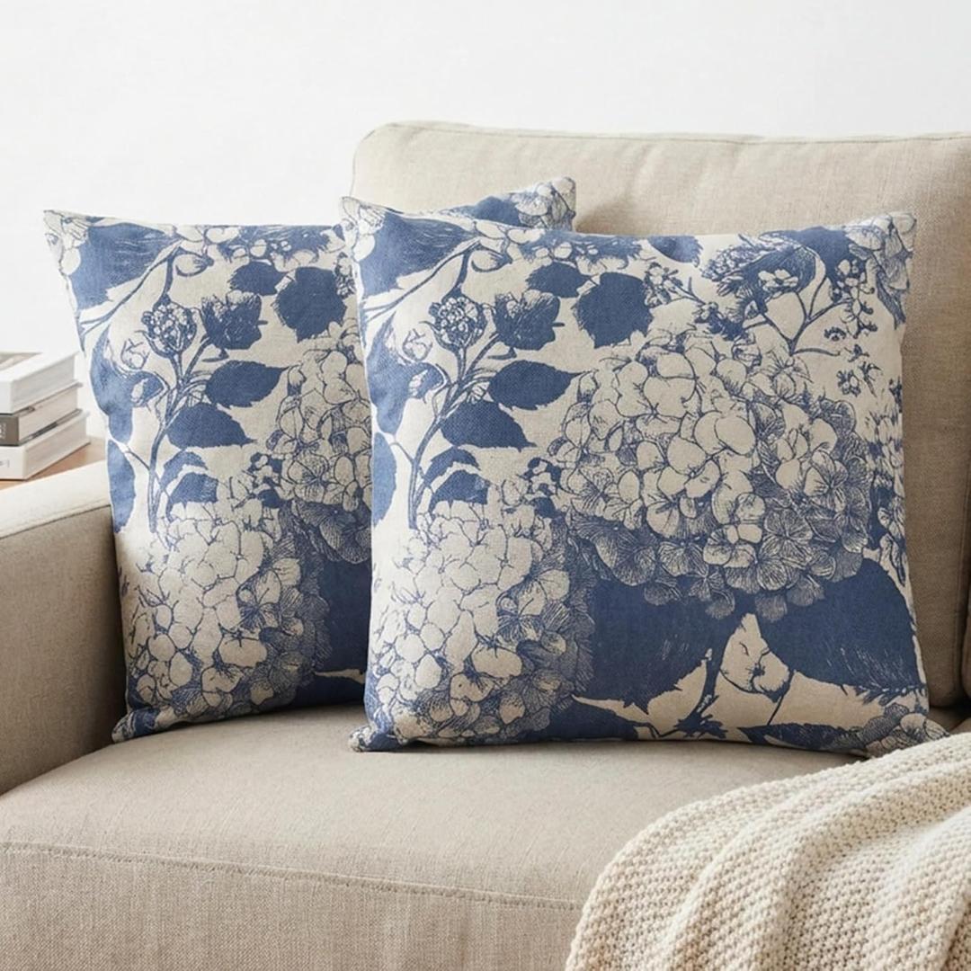 MAMYL Set of 2 Linen Floral Pillow Covers, Hydrangea Pattern Throw Pillow Covers, Boho Vintage Cushion Covers for Sofa, Living Room, Bedroom, Farmhouse Decor (Blue, 18''X18'')
