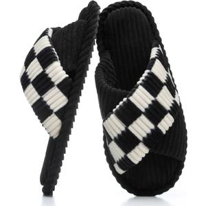 Slippers for Women Memory Foam House Bedroom Corduroy Crossbands Open Toe Slides Sandals Shoes Comfy Trendy Gift for womens Anti-Skid sole (9-10, Checkered Black)