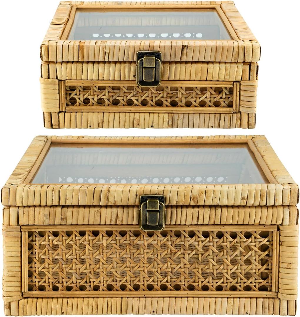 Rattan Square Box with Lid - Set of 2 Wicker Decorative Bins with Glass Cover for Display