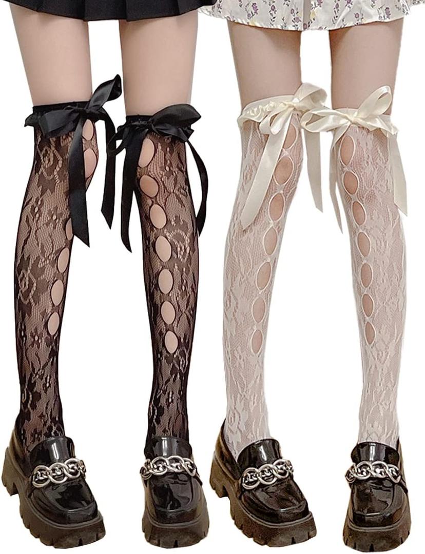 Women's Knee High Fishnet Socks Mesh Socks Lolita Fishnets Bowknot Tie Tights Cosplay Costumes Stockings 2 Pairs