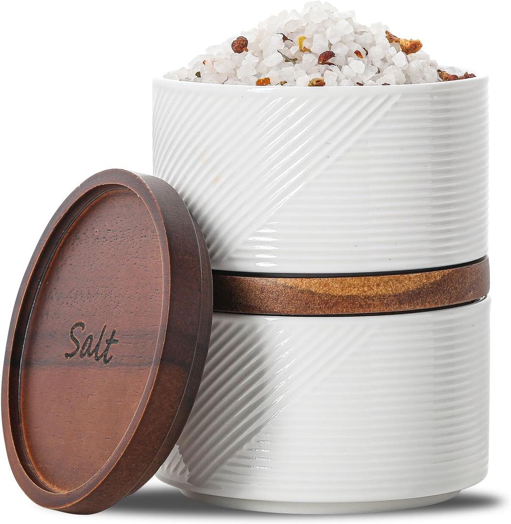 Salt and Pepper Bowls: 10 oz Ceramic Stackable Spice Cellar with Wooden Lid - Stacked Seasoning Storage Containers for Countertop Stovetop - Striped, White