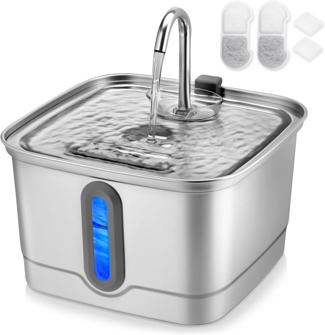 Stainless Steel Cat Water Fountain, 101oz/3L Automatic Pet Water Fountain, Dog Water Fountain with Replacement Filters for Cats, Small Dogs (2 Filters and 2 Sponges)