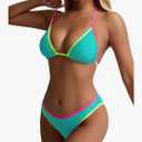 TASHEHE Women's Colorful String Bikini Set Sexy Triangle Two Piece Neon Bikini Swimsuit Color Block Halter Bathing Suit,M