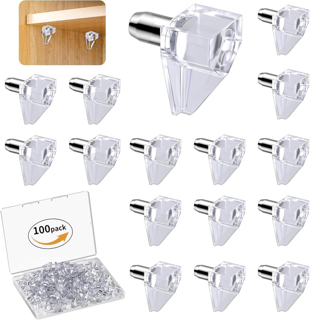 Vibit 100 Pcs Shelf Support Pegs, 5mm Cabinet Shelf Pins, Clear Plastic Cabinet Shelf Pegs Shelf Brackets, Support Pegs for Shelves, Shelf Holders for Kitchen Cabinet Bookcase Cupboard Wood Furniture