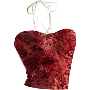 Women's Floral Print Halter Top Sweetheart Neck Ruched Tie Back Slim Fit Crop Tops (Red, S)