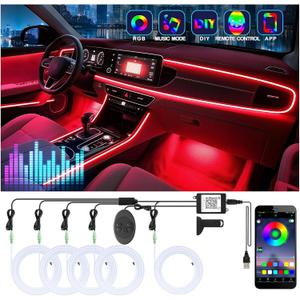 5 in 1 Car Led Strip Lights with App Control, RGB Colors Interior Car Lights, Ambient Led Lighting Kit, 4 Light Flashing Modes, USB Neon Accessories for Doors, Center Console
