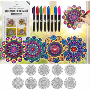 Hula Home Stained Glass Mandala Art Kit - DIY Window Clings with Markers, 10 Suncatchers - Perfect Hobby for Adults, Kids, Teens & Seniors - Ideal Gift for Beginners, Women & Elderly
