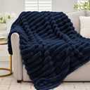 Cozy Soft Faux Fur Throw Blanket, 800GSM Warm Thick Fluffy Blanket, Fuzzy & Plush Striped Fur Throw for Couch & Bed Home Decor, 60"x80", Navy Blue