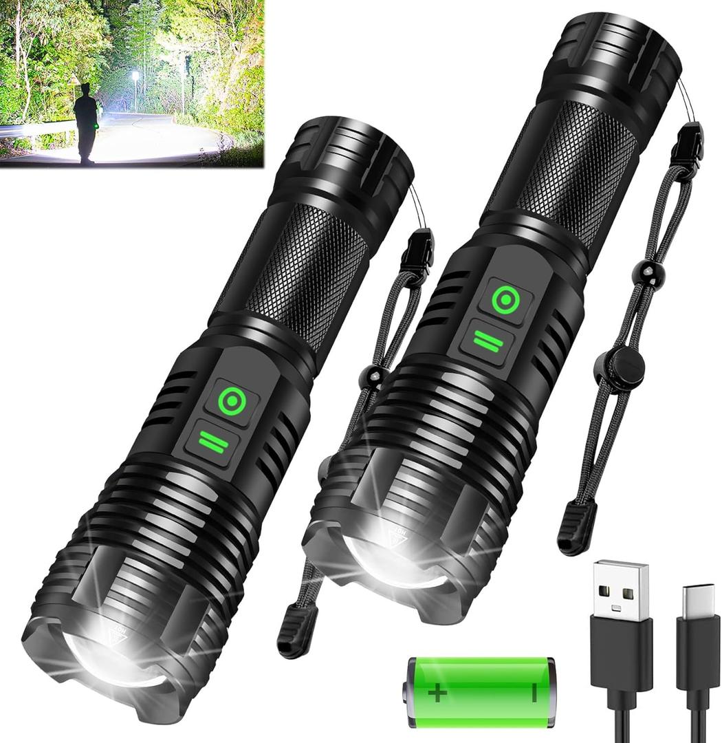 2Pack Rechargeable Flashlights, 100000 High Lumens Super Bright Led Tactical Flashlight with 5 Modes, High Power Waterproof Dual Button/Dual interfaceFlashlight for Emergency, Outdoor, Camping