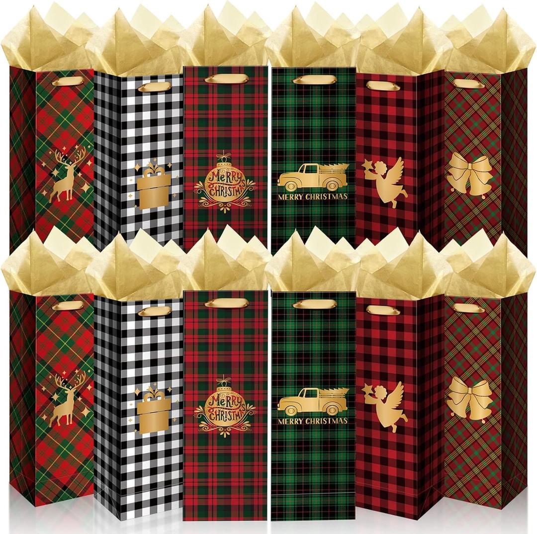 TaoBary 12 Pcs Christmas Wine Bags Christmas Wine Bottle Gift Bags with Handles Paper Gift Bag for Xmas Party Favors Holiday Festival Table Centerpieces Decors(Plaid)