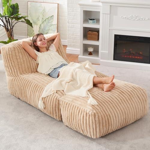 Hobestluk Big Bean Bag Lounger Chairs Large Beanbag Chair for Adults Bean Bag Sofa with Memory Foam Filled for Living Room, Bedroom or Balcony (Stripe Khaki)