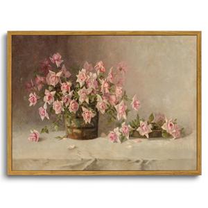 KISSFOX Vintage Floral Framed Wall Art Pink Flower Wall Art Paintings Pictures Wall Decor Modern Farmhouse Roses Canvas Art Prints Rustic Retro Still Life Artwork For Bedroom Kitchen Living Room
