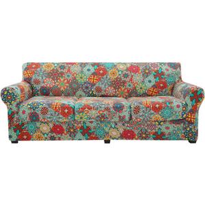 hyha Couch Cover, Floral Pattern, Stretch, Printed, 4 Pieces, Sofa Slipcovers, for 3 Separate Cushion Couch, Washable Furniture Protector for Dogs(Sofa, Diamond Mandala) (Large, Red)