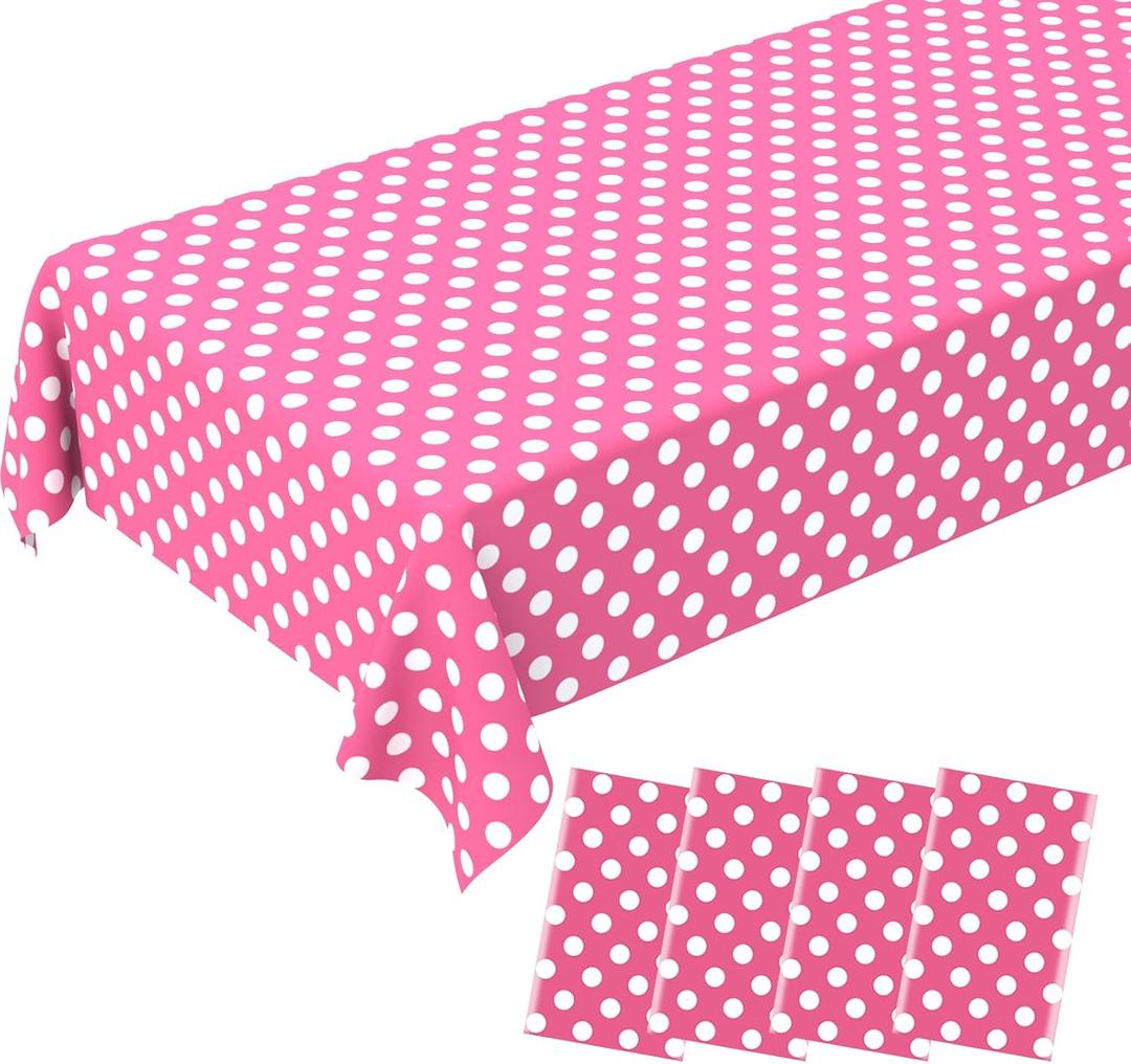 4 Pack Pink White Table Cloth, Disposable Plastic Pink Polka Dot Tablecloth Pink and White Table Cover for Rectangle Tables, Birthday, Outdoor Picnic, Baby & Bridal Shower Party Decor 54 x 108 Inch