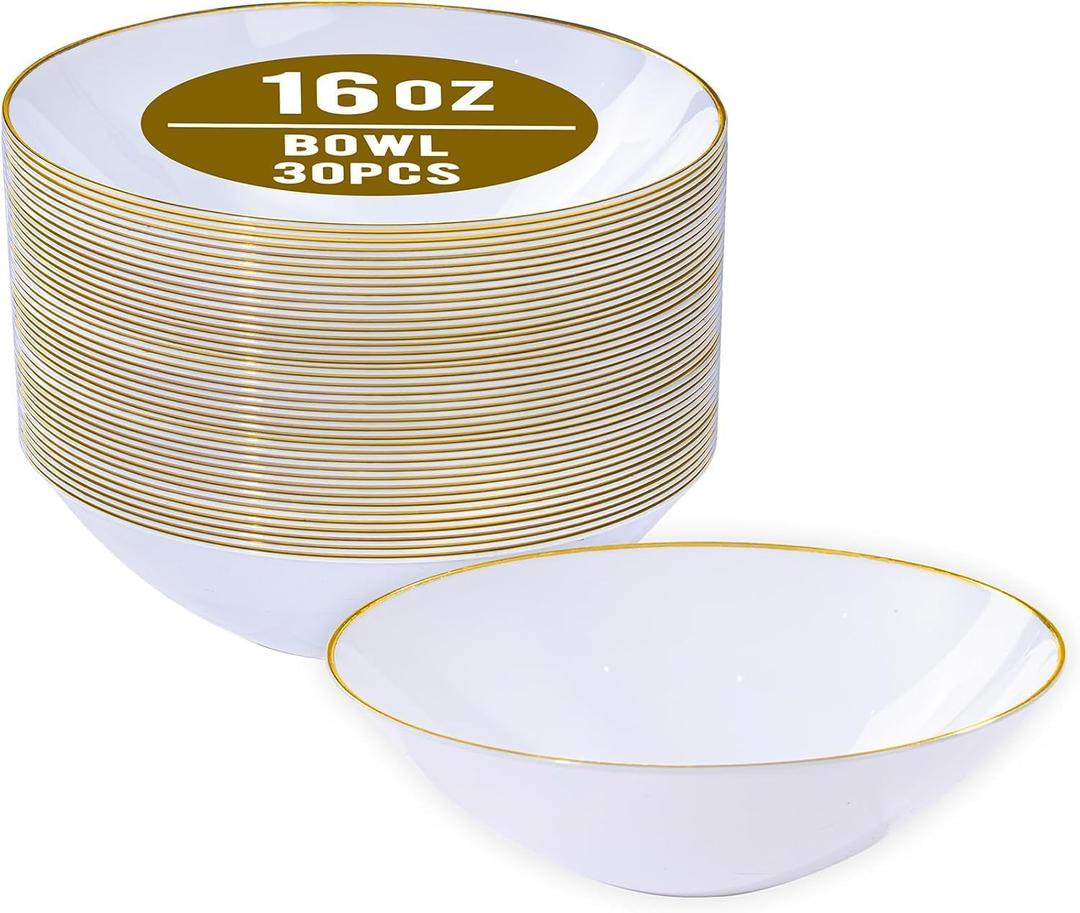 I00000 16 Oz 30 Count White Disposable Soup Bowls with Gold Rim, Plastic Bowls Disposable Premium Heavyweight Elegant Plastic Salad Bowl for Party