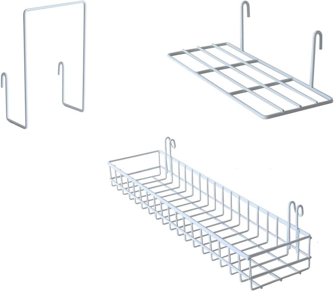 FRIADE Wall Grid Panel Hanging Basket with Hooks, Bookshelf, Display Shelf, Wall Organizer and Storage Shelf for Home Supplies,1 Set of 3 (White)